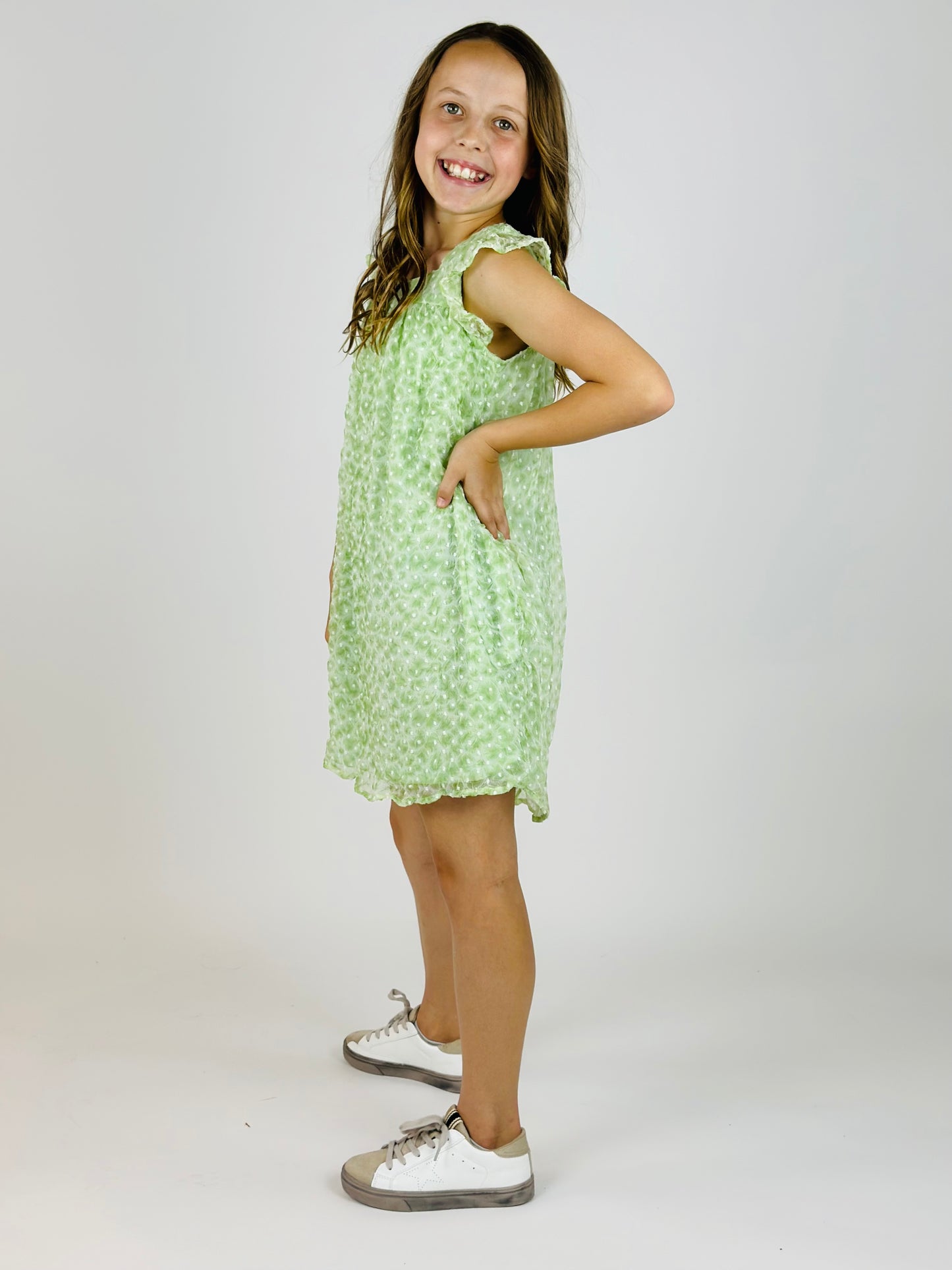 Textured Lace Trim Ruffle Sleeve Dress