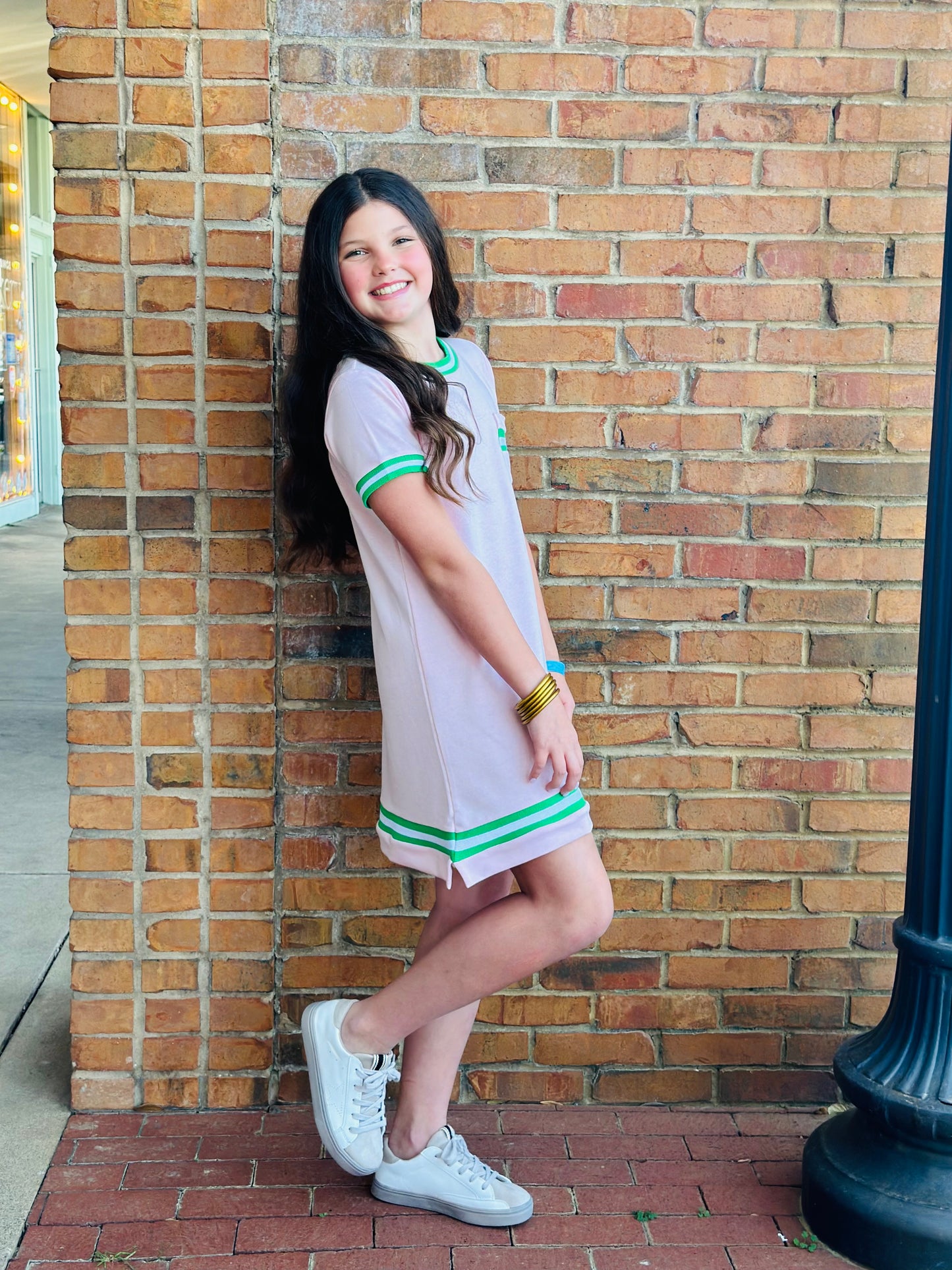 Landry Dress - Primrose Pink w/Green Trim