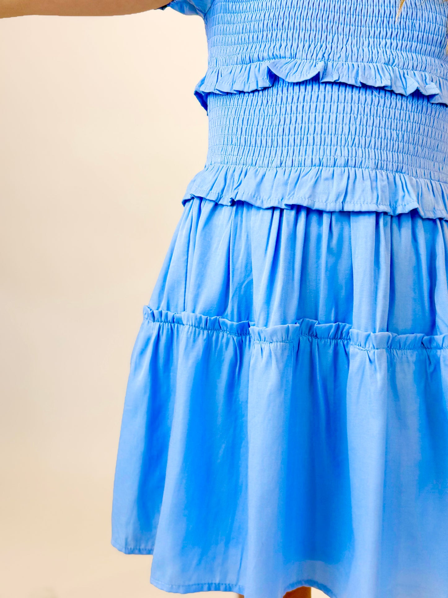 Berkley Puff Sleeve Smocked Ruffle Dress - Sky Blue