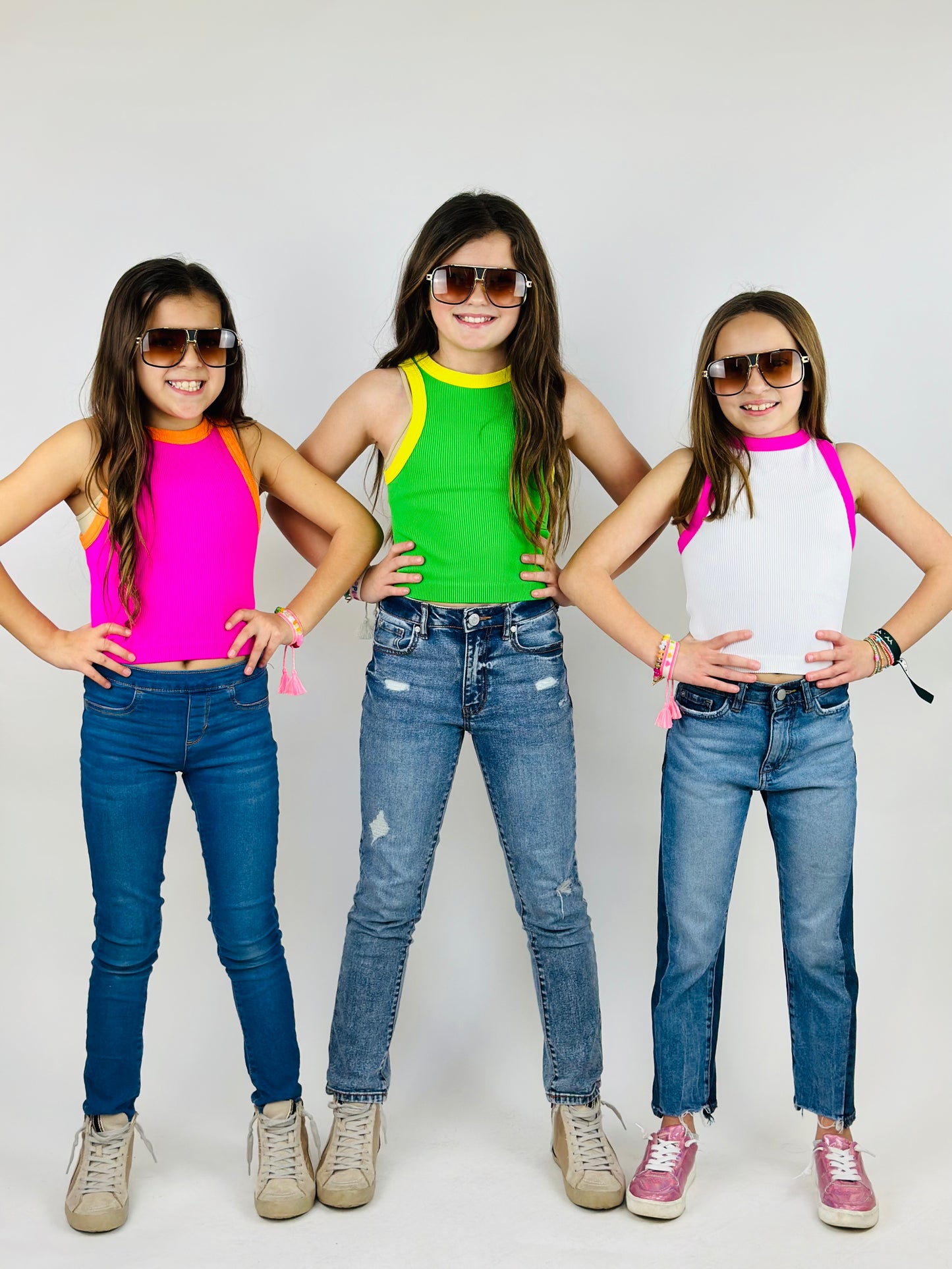 Contrast Trim Ribbed Tank - Neon Fuchsia/Orange