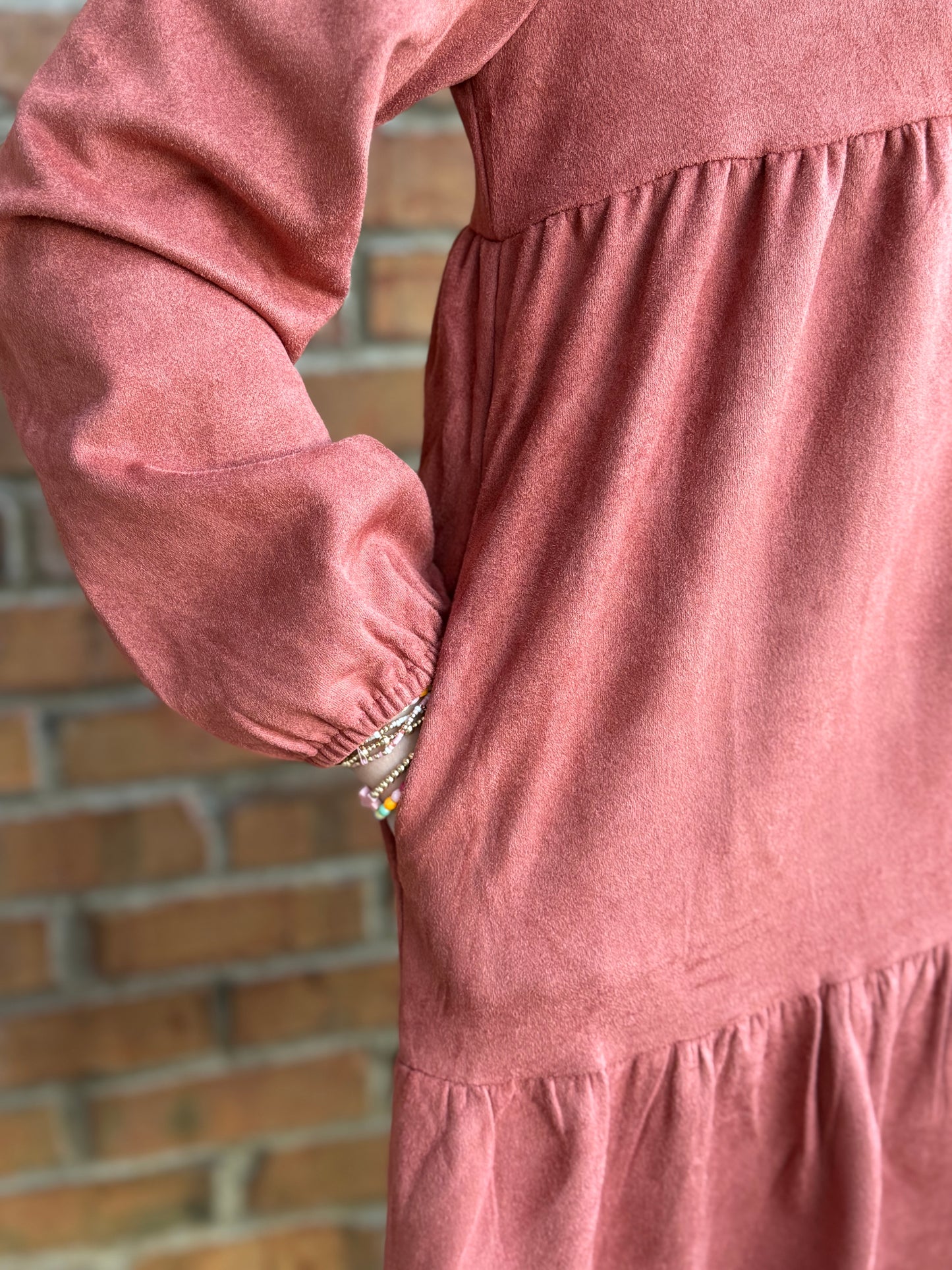Faux Suede Tiered Dress - Rust