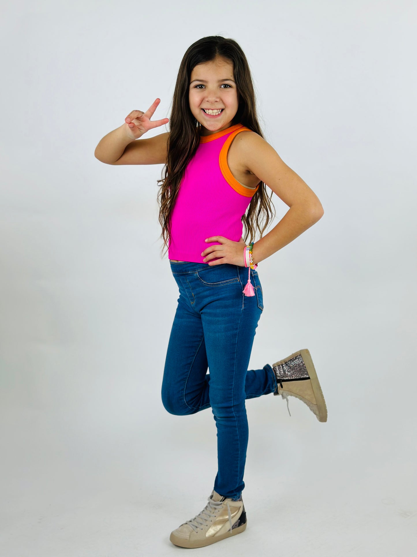 Contrast Trim Ribbed Tank - Neon Fuchsia/Orange