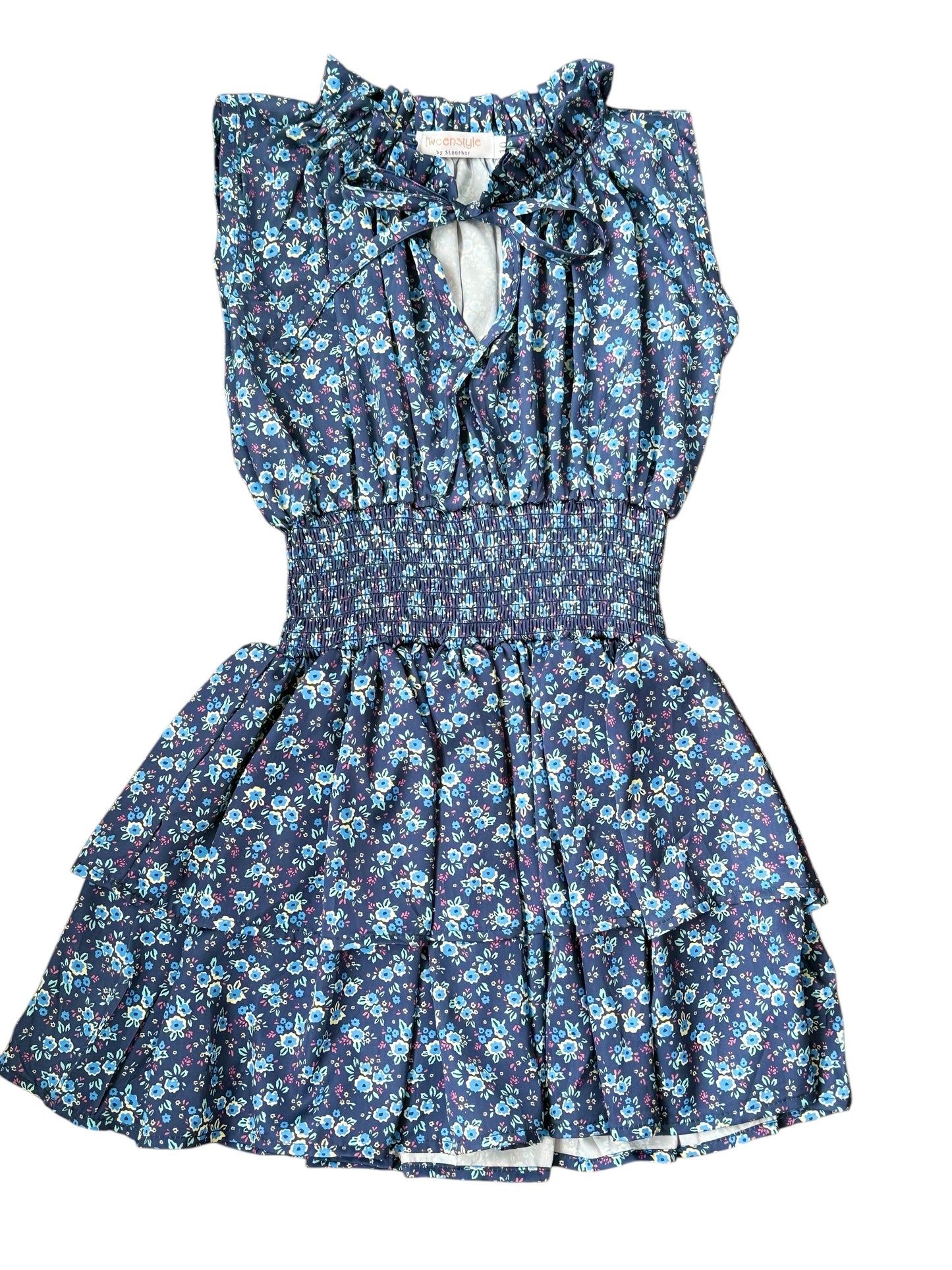 Ditzy Print Tie Neck Smocked Dress - Blue