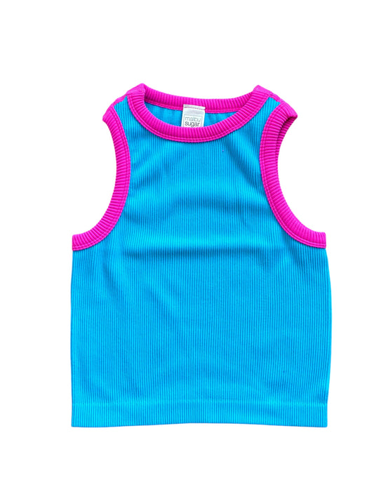 Contrast Trim Ribbed Tank - Neon Blue/Neon Fuchsia