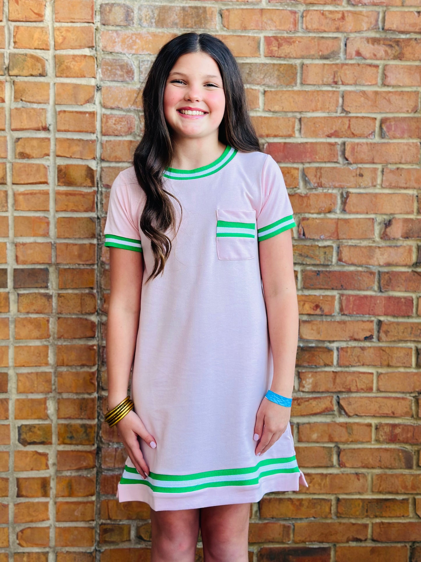 Landry Dress - Primrose Pink w/Green Trim