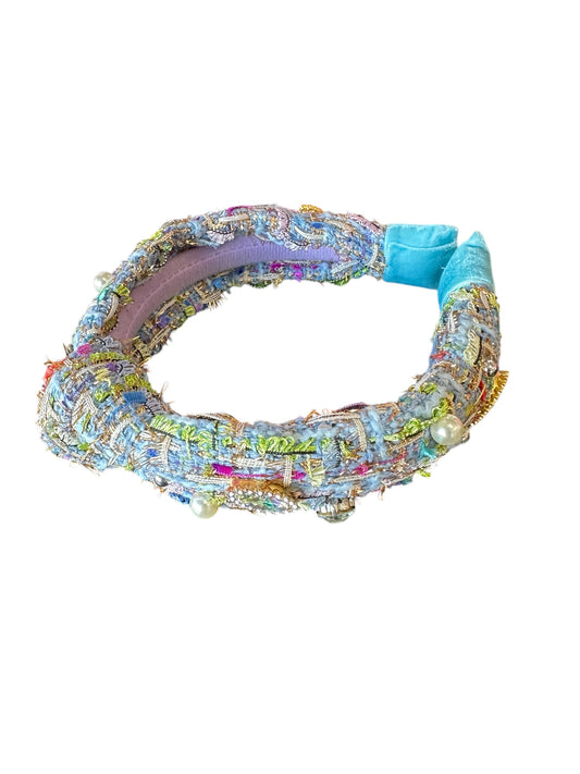 Embellished Knot Headband - Tweed Rhinestone Pearl - Blue