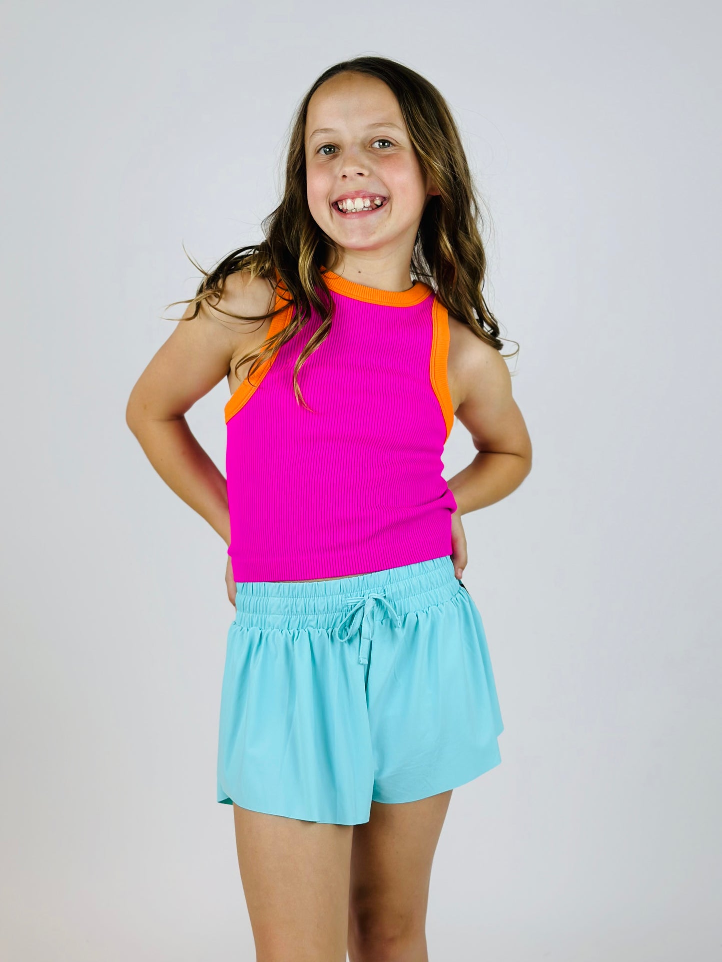Contrast Trim Ribbed Tank - Neon Fuchsia/Orange