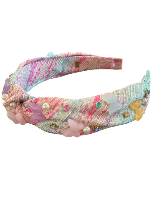 Linen Knot Headband w/3D Butterflies and Pearls - Pink