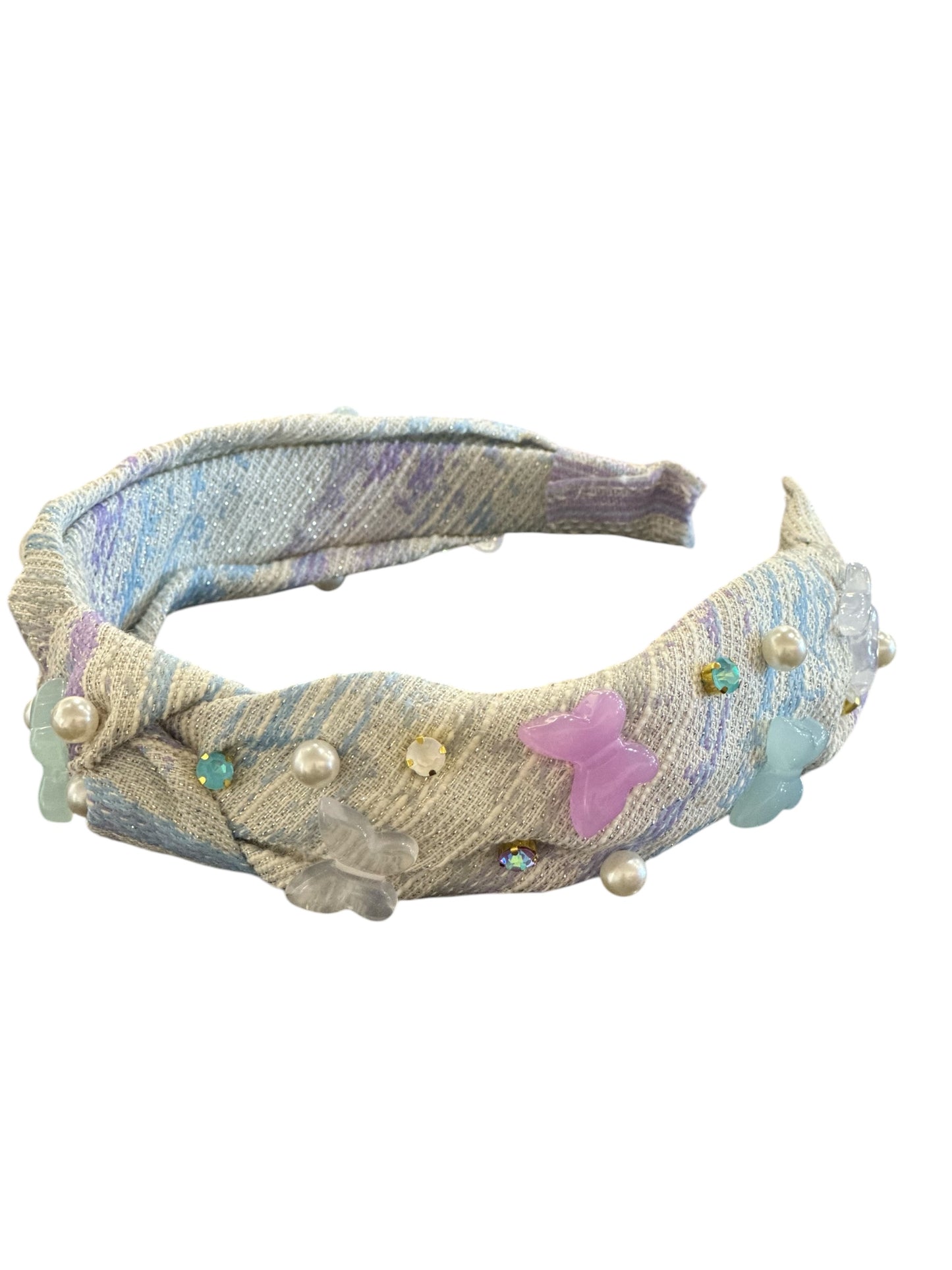 Linen Knot Headband w/3D Butterflies and Pearls - Lavender and Blue