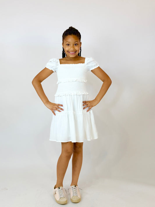 Berkley Puff Sleeve Smocked Ruffle Dress - White