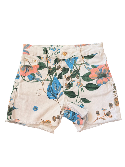 Floral Printed Denim Shorts - White