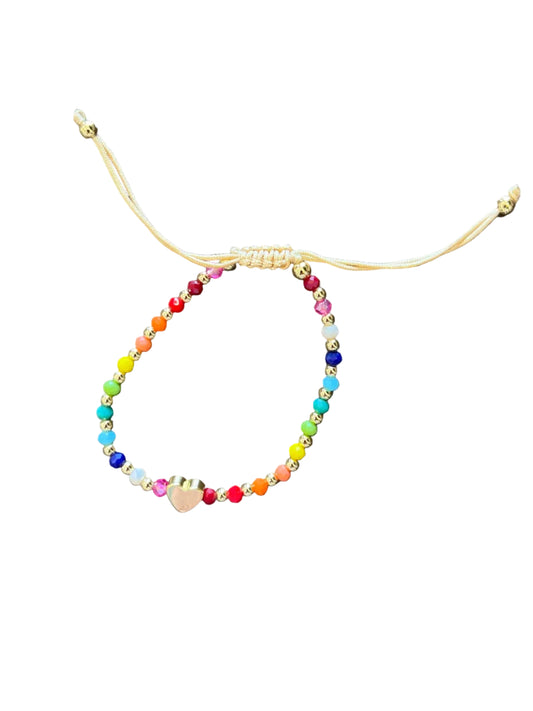 Rainbow and Gold Beaded Heart Bolo Bracelet