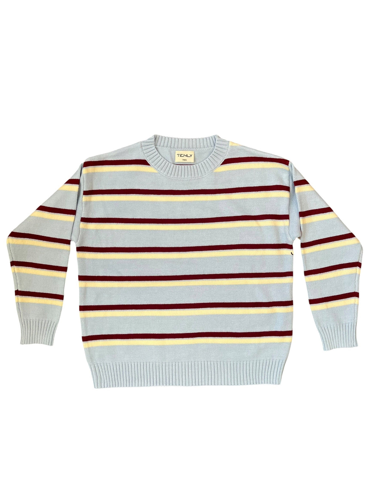 A light blue-gray striped crewneck sweater with horizontal stripes in dark red, pale yellow, and dark brown, laid flat on a white background. The brand name 'TENLY' is visible on the inner neck label.