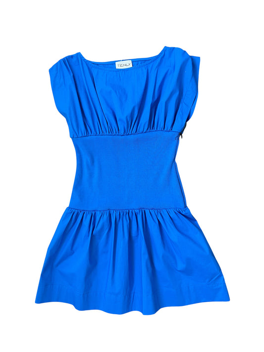A bright blue sleeveless dress with a gathered waist and flared skirt, shown flat against a white background.