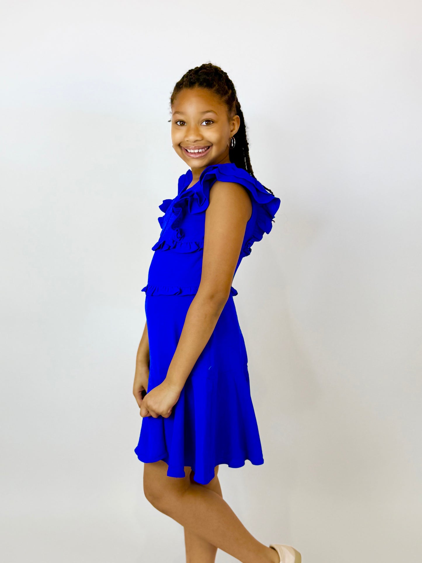 Lilith V Neck Ruffle Dress - Blue