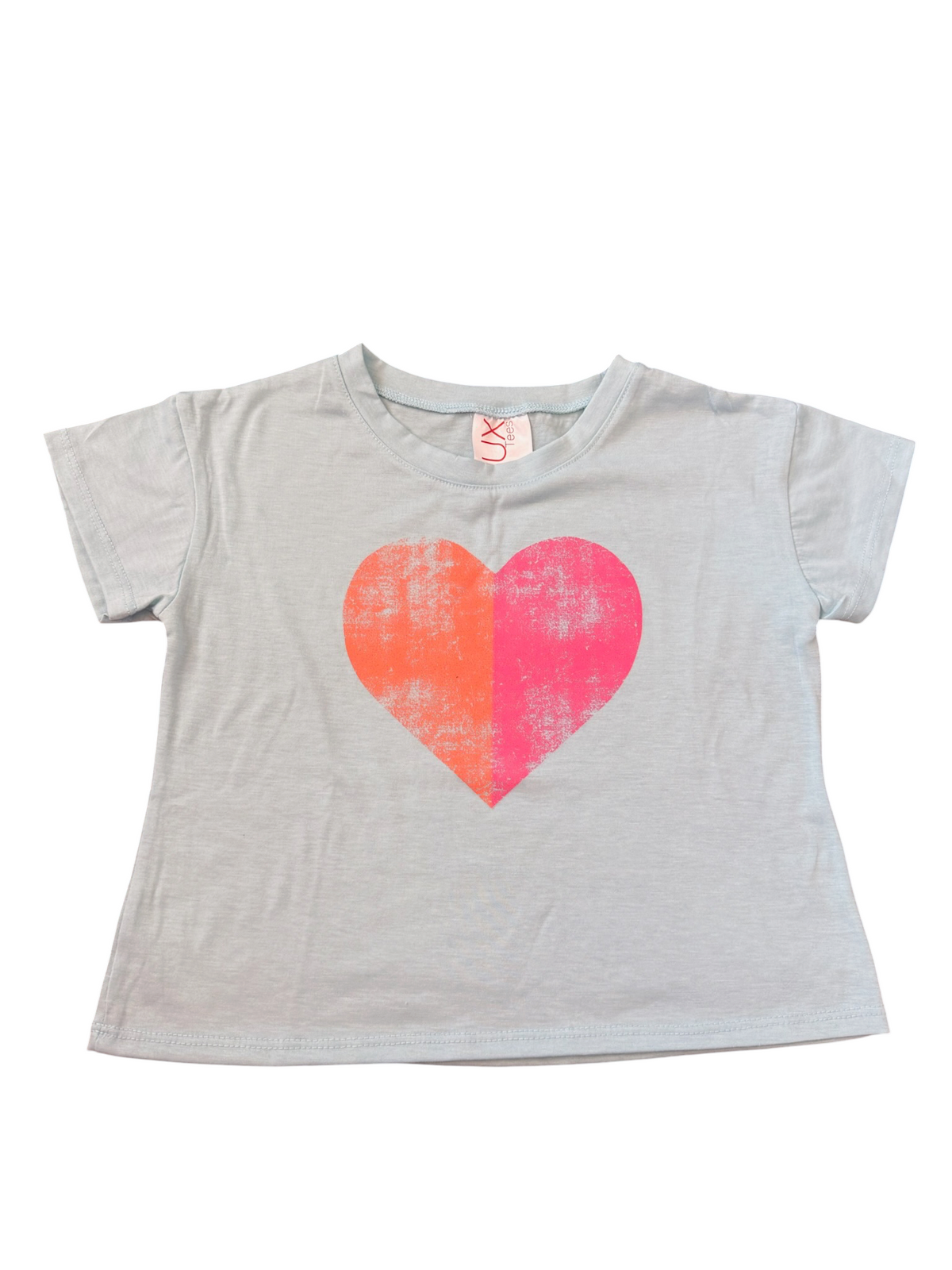 A light gray short-sleeve kids' t-shirt featuring a large, distressed watercolor heart graphic on the front in shades of orange and pink. The shirt is laid flat against a clean white background.