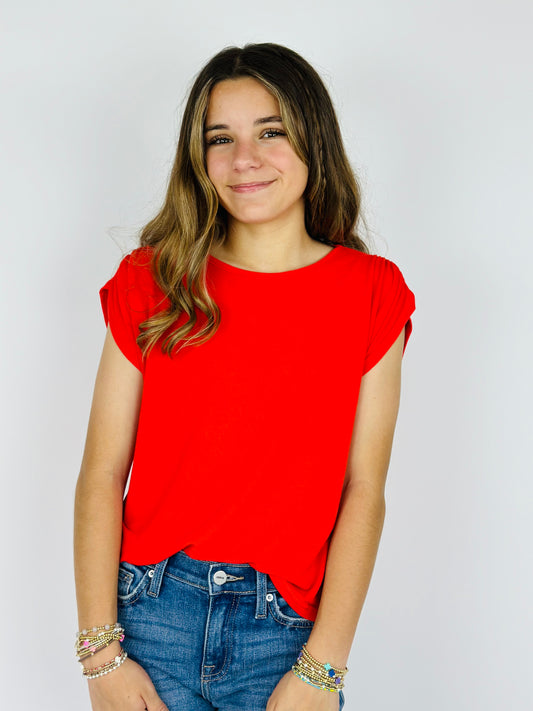 Draped Short Sleeve Top - Red