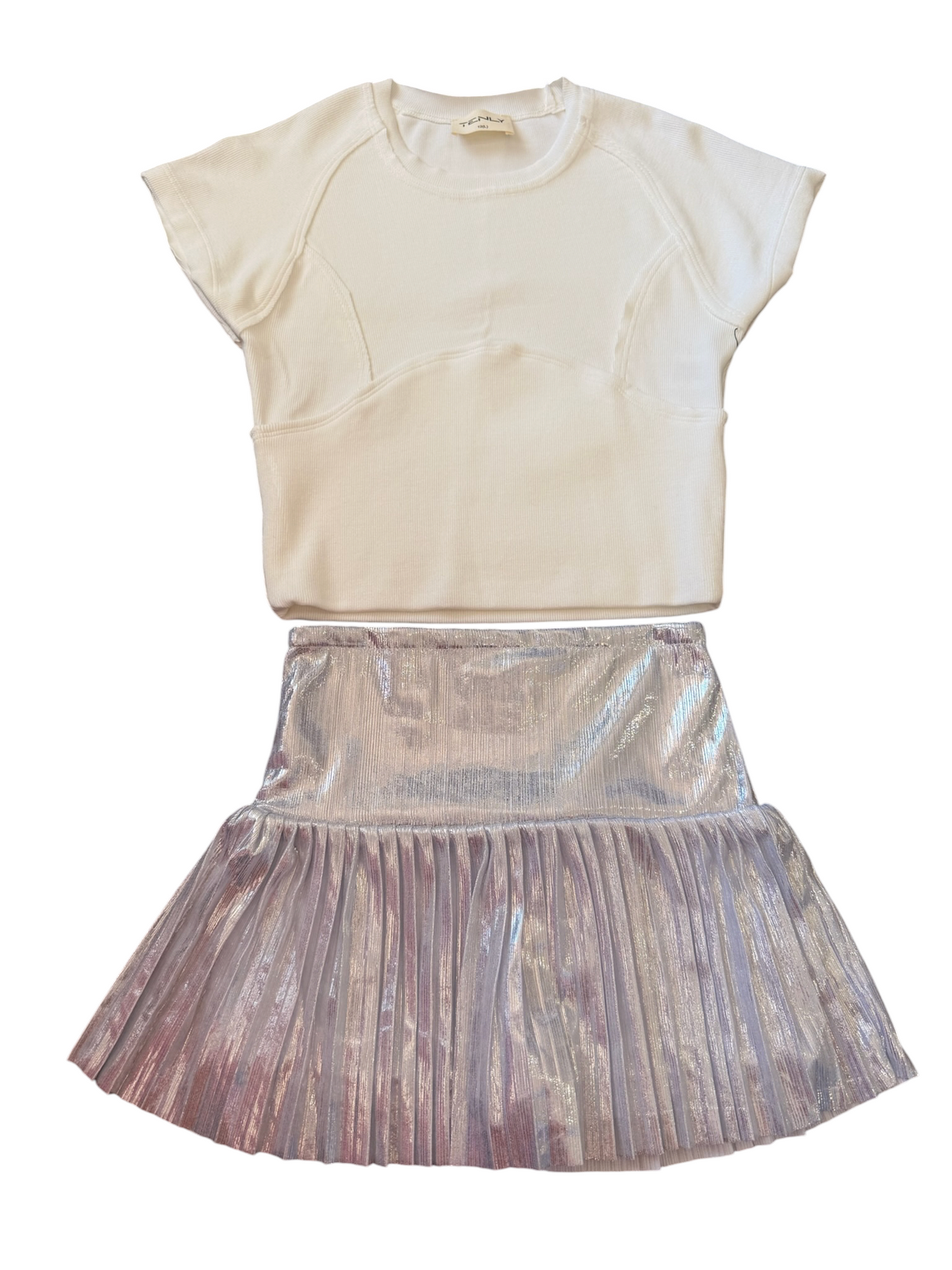 Metallic Drop Waist Pleated Skirt - Silver