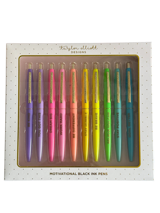Set of 10 Motivational Black Ink Pens