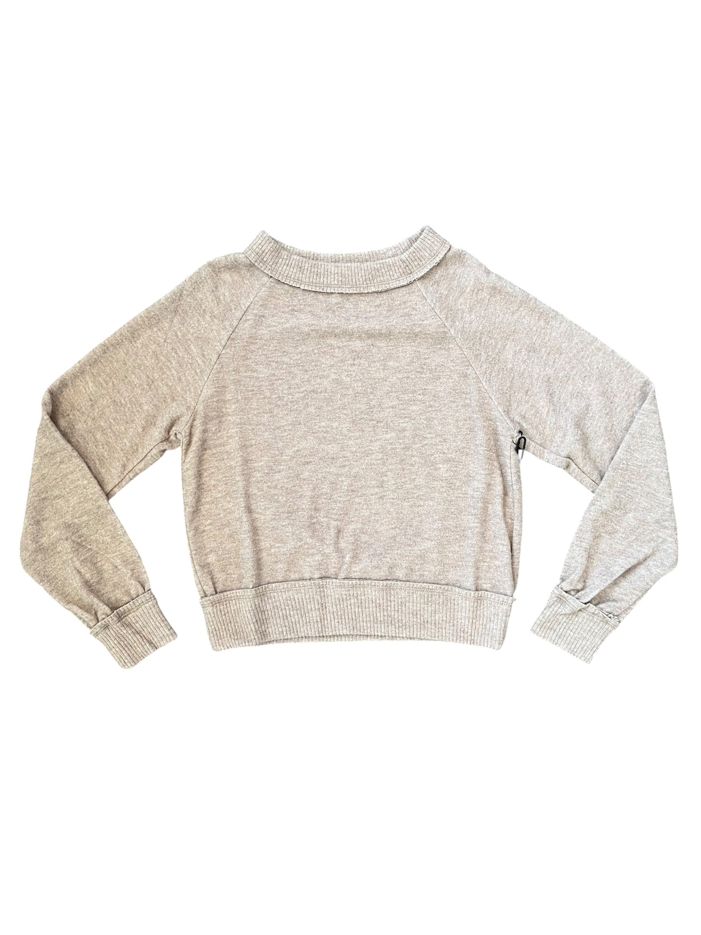 A light nutmeg heathered knit long-sleeve crop top with a mock neck, shown flat against a white background.