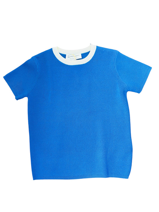 Blue and White Contrast Short Sleeve Sweater