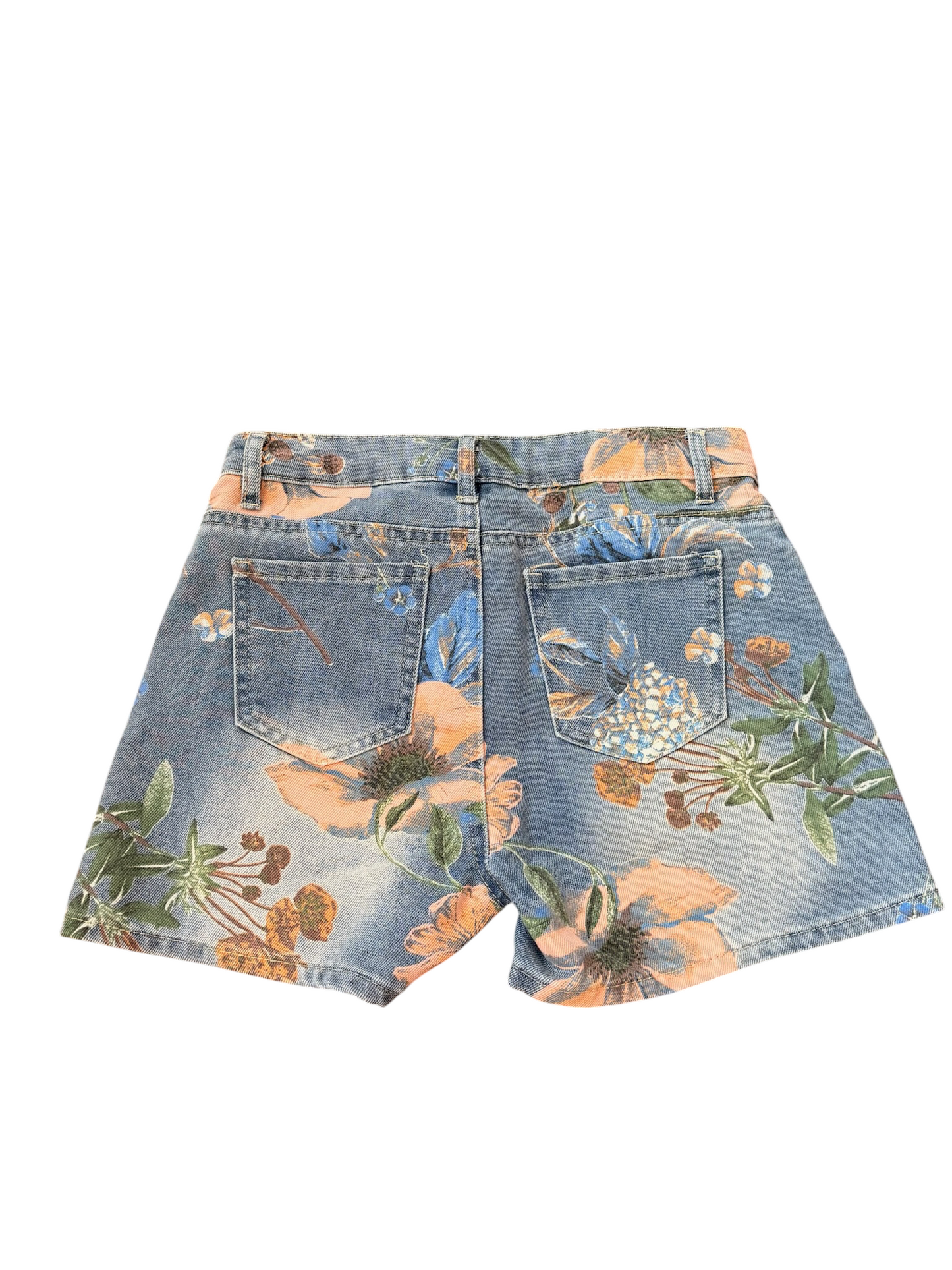 Floral Printed Denim Shorts - Indigo