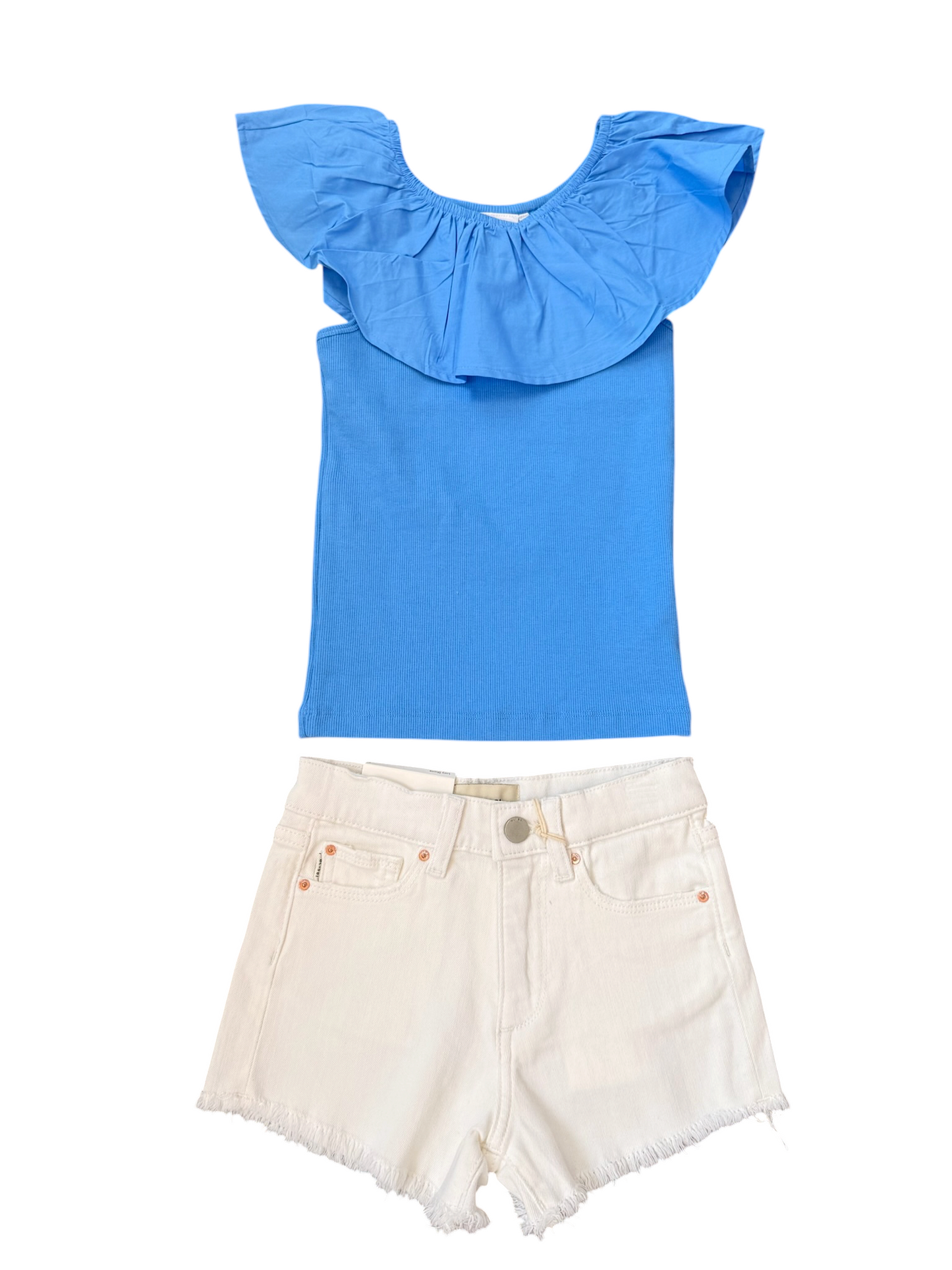 Reca Ribbed Ruffle Top - Blue Flower