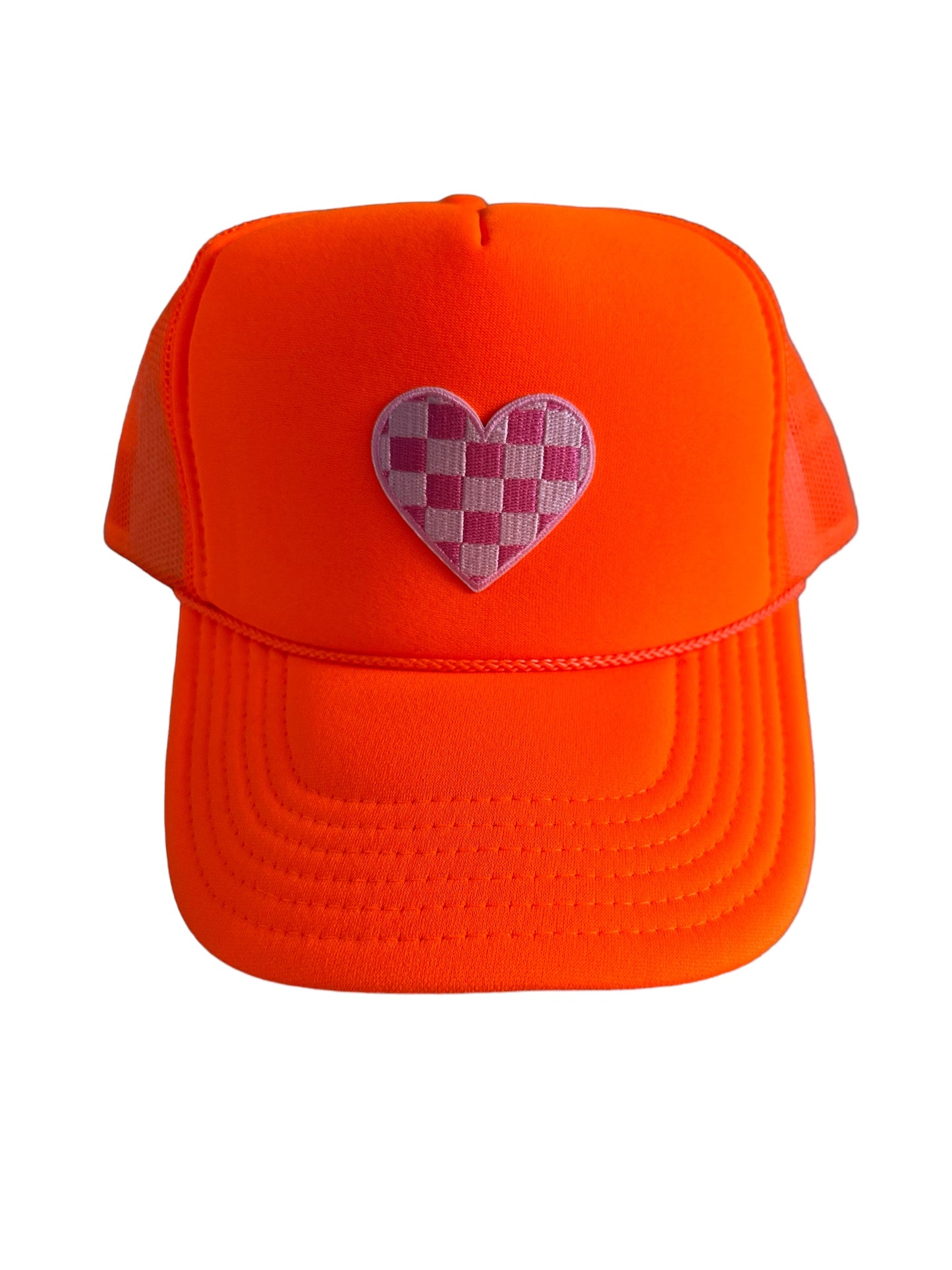 Neon Orange Checkered Heart Trucker Hat - Adult