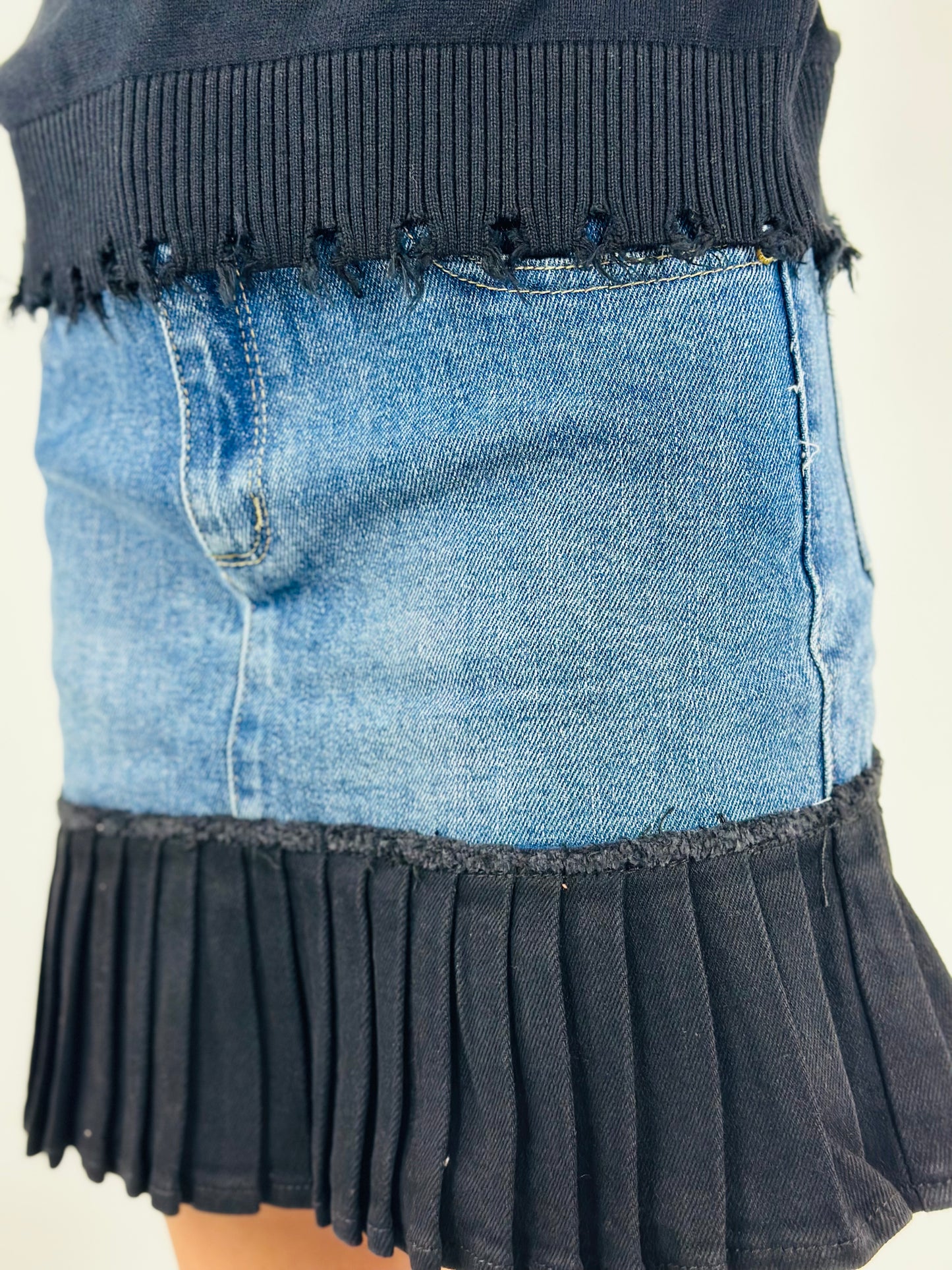 Mixed Denim Pleated Hem Mini Skirt