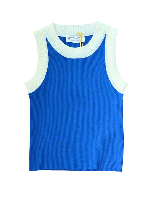 Compania Fantastica Contrast Sweater Tank - Blue and ivory