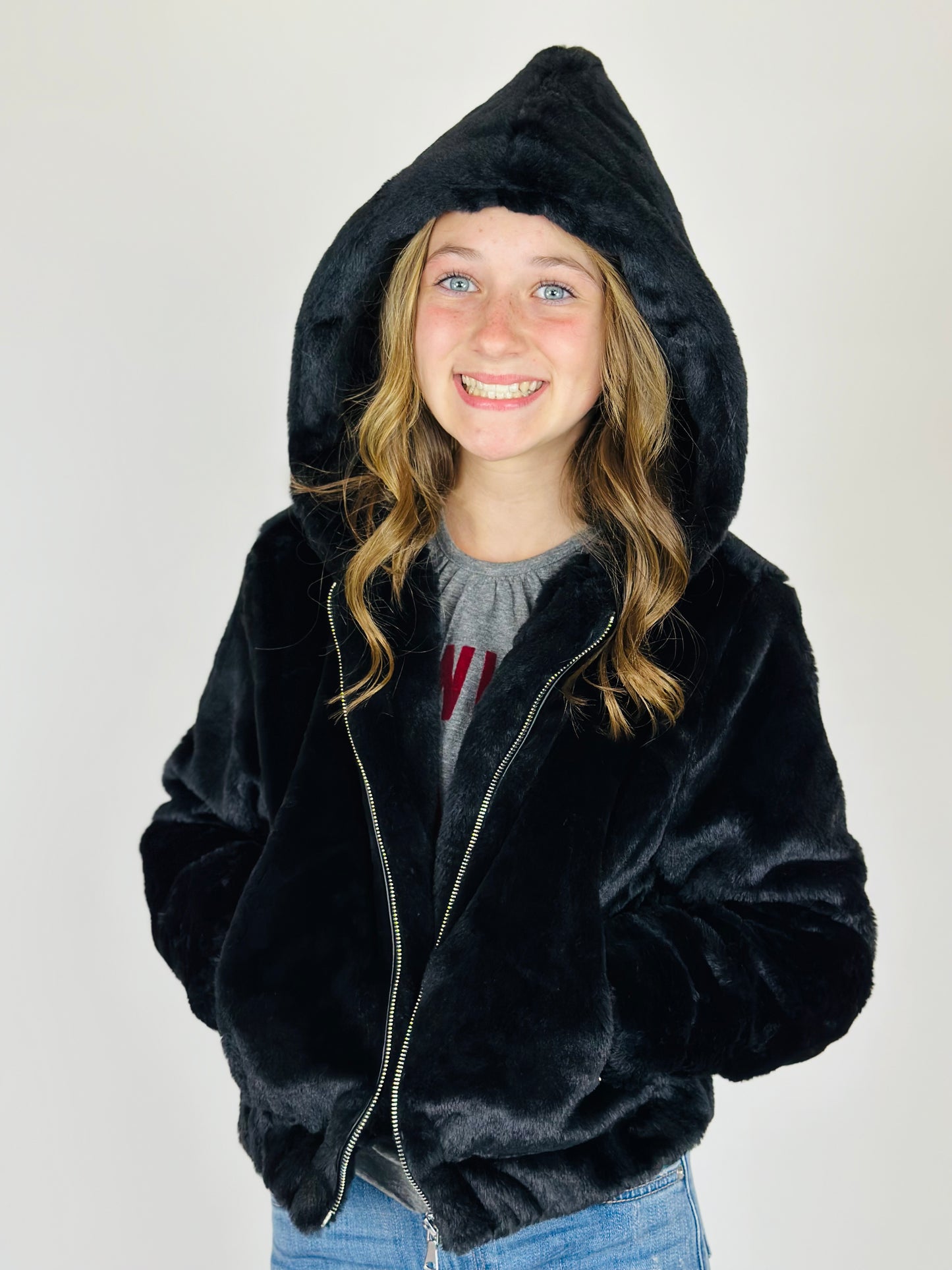 Faux Fur Hooded Jacket - Black Lo