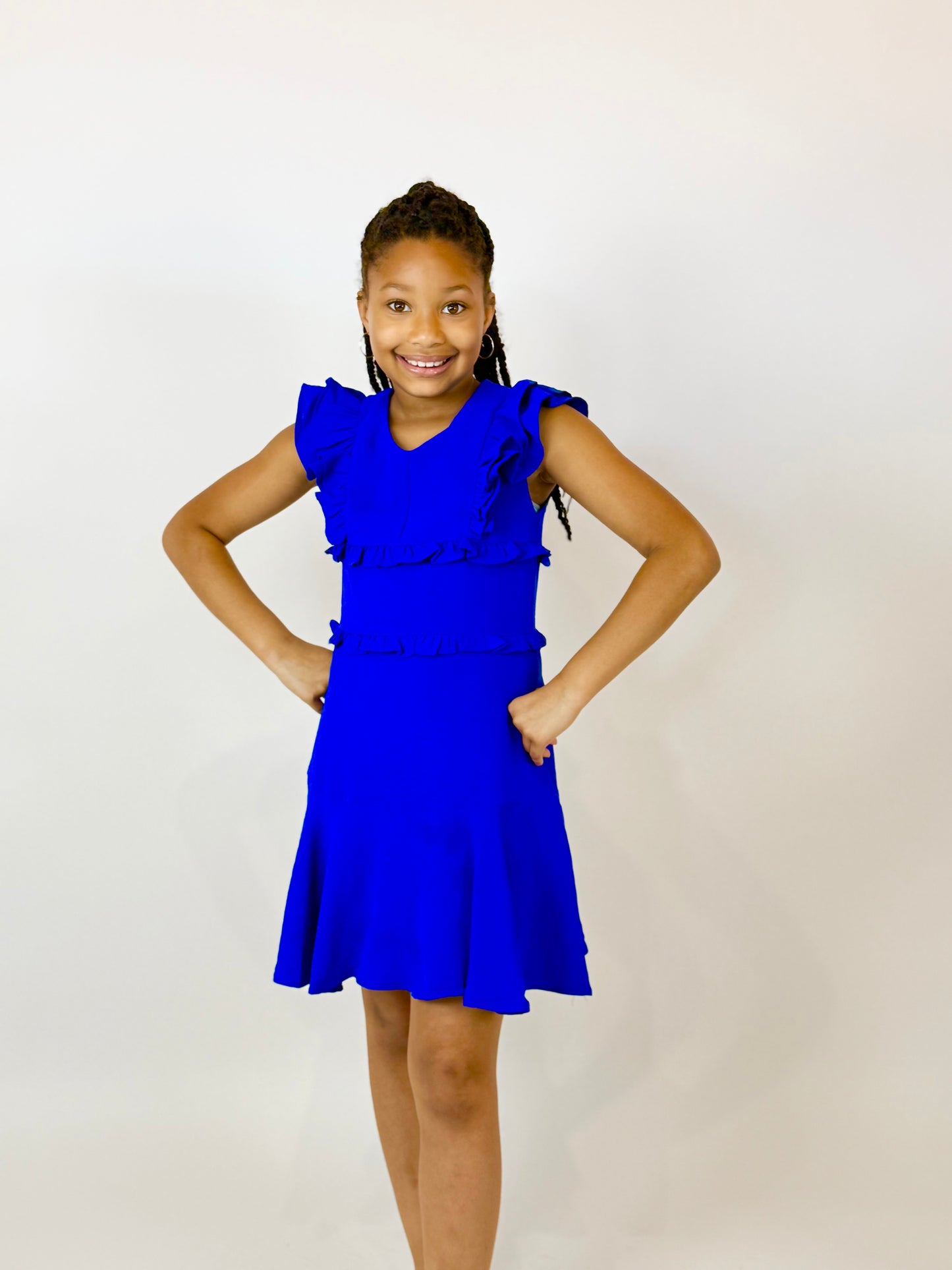 Lilith V Neck Ruffle Dress - Blue