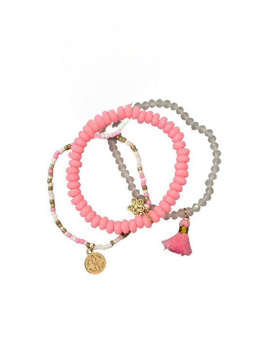 Jane Marie Beaded Stretch Bracelet with Flower Charm - Light Pink