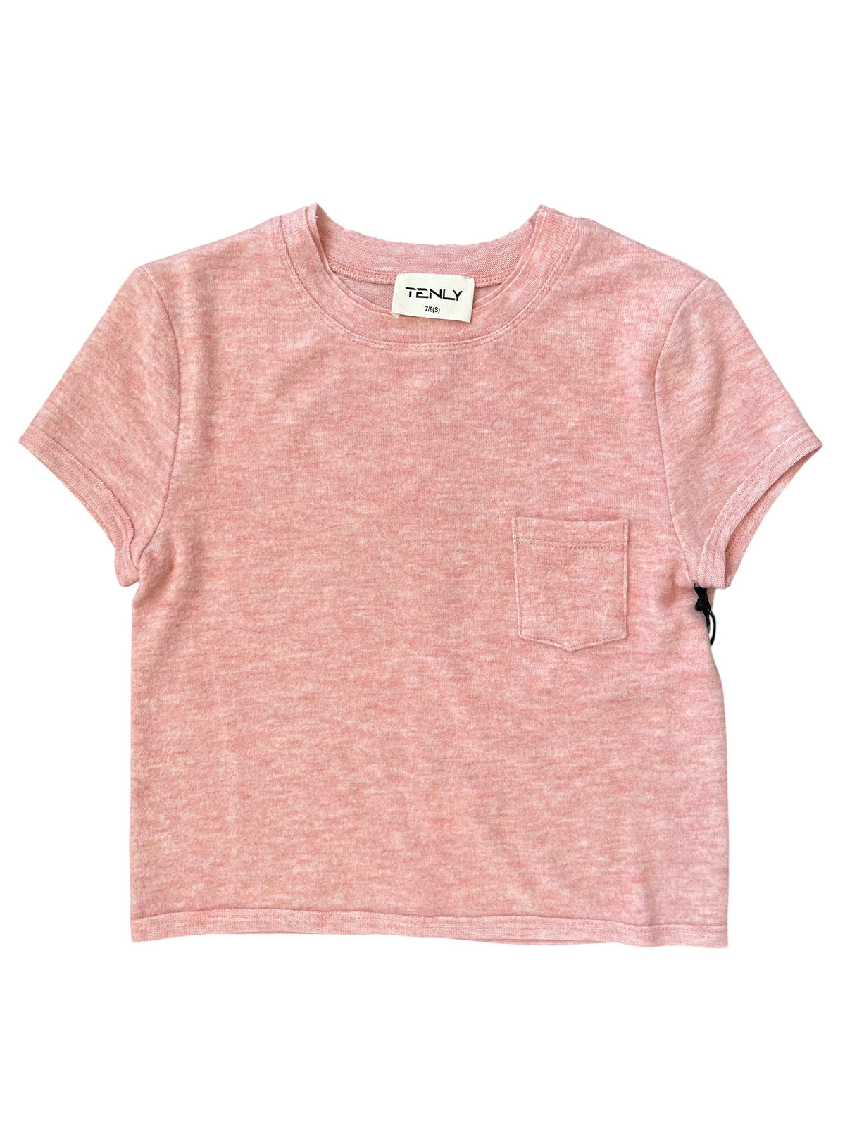 A pink heathered short-sleeve crop top with a chest pocket, shown flat against a white background. The brand label 'TENLY' is visible inside the collar.