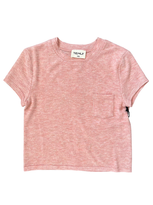 A pink heathered short-sleeve crop top with a chest pocket, shown flat against a white background. The brand label 'TENLY' is visible inside the collar.