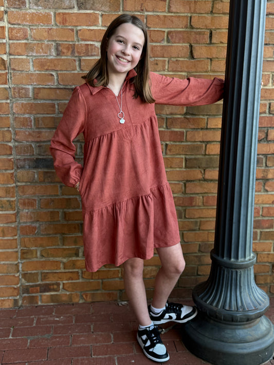Faux Suede Tiered Dress - Rust