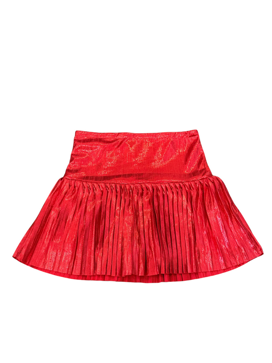 Metallic Drop Waist Pleated Skirt - Red