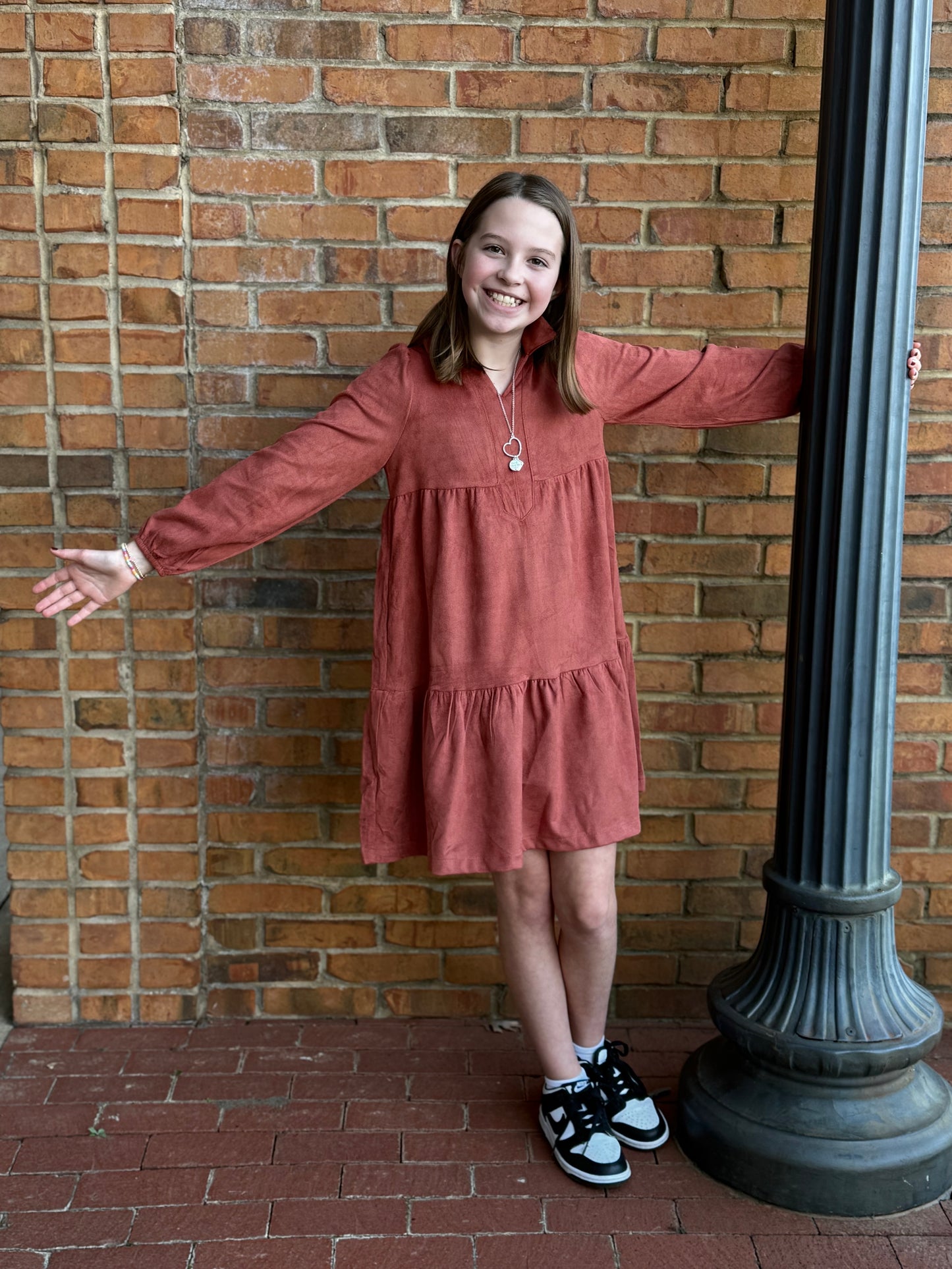 Faux Suede Tiered Dress - Rust