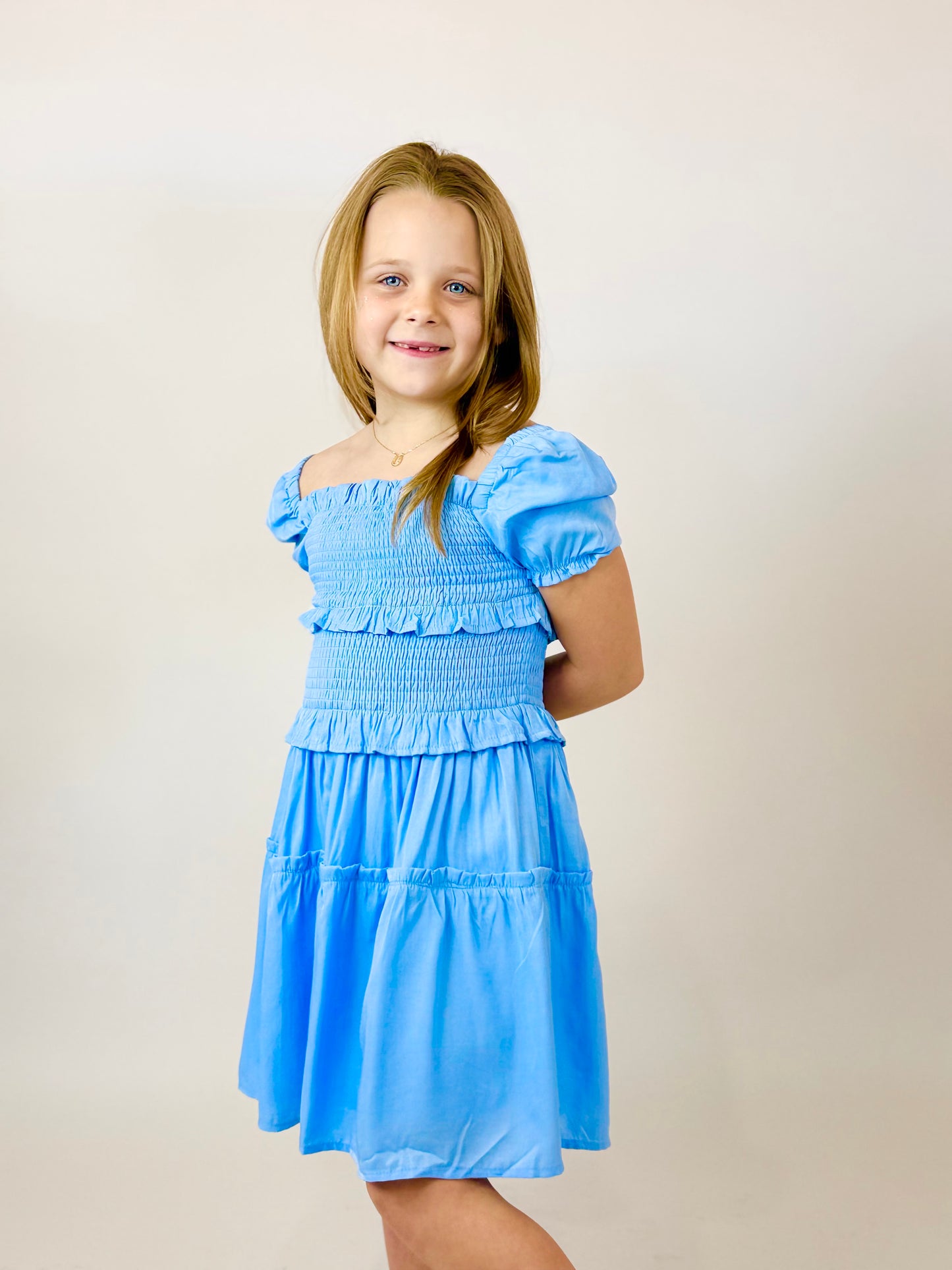 Berkley Puff Sleeve Smocked Ruffle Dress - Sky Blue