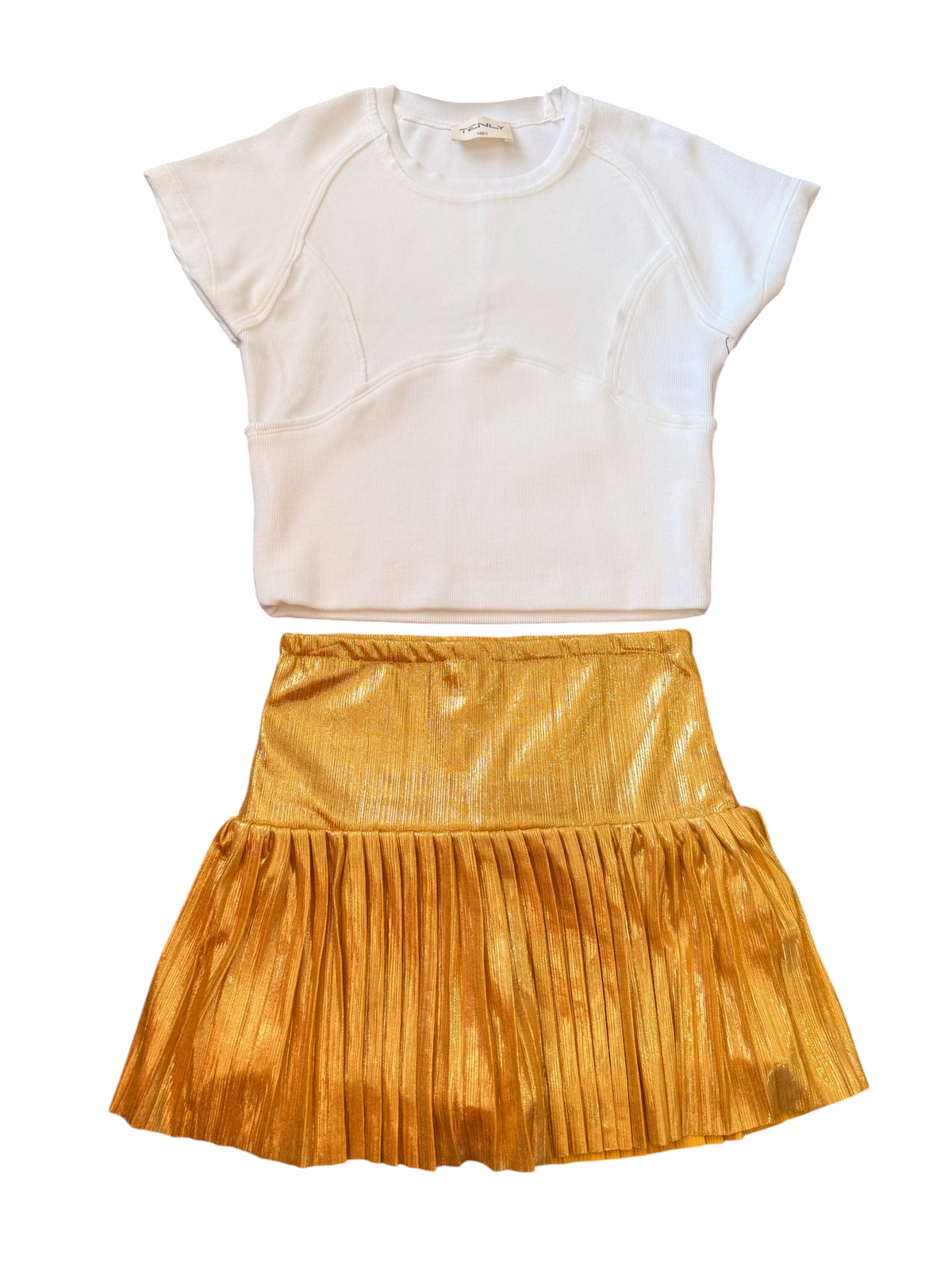 Metallic Drop Waist Pleated Skirt - Gold