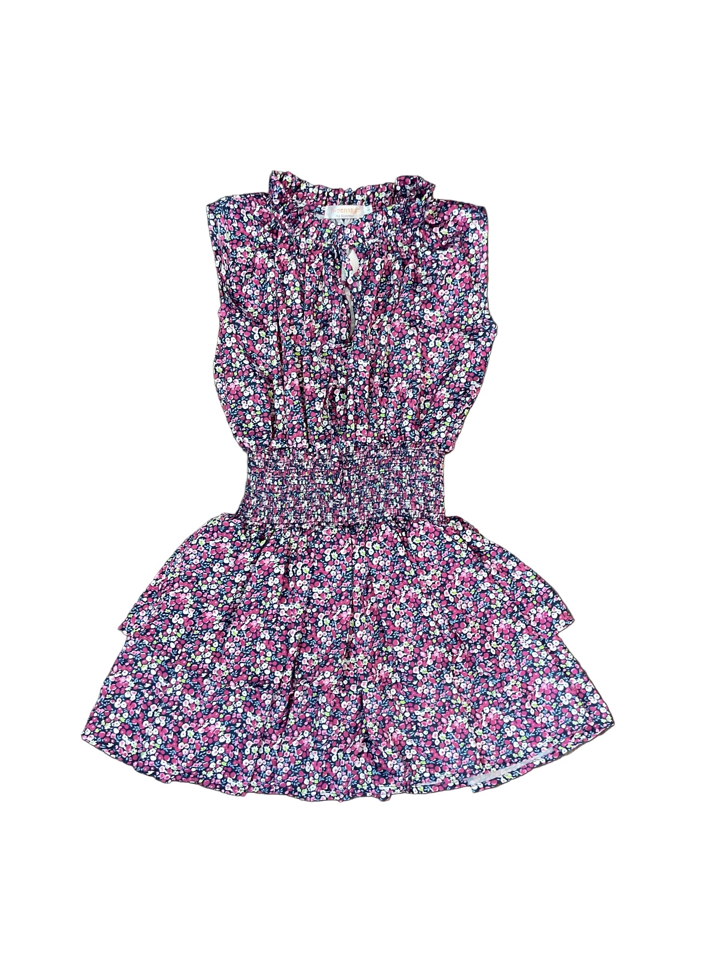 Ditzy Print Tie Neck Smocked Dress - Purple
