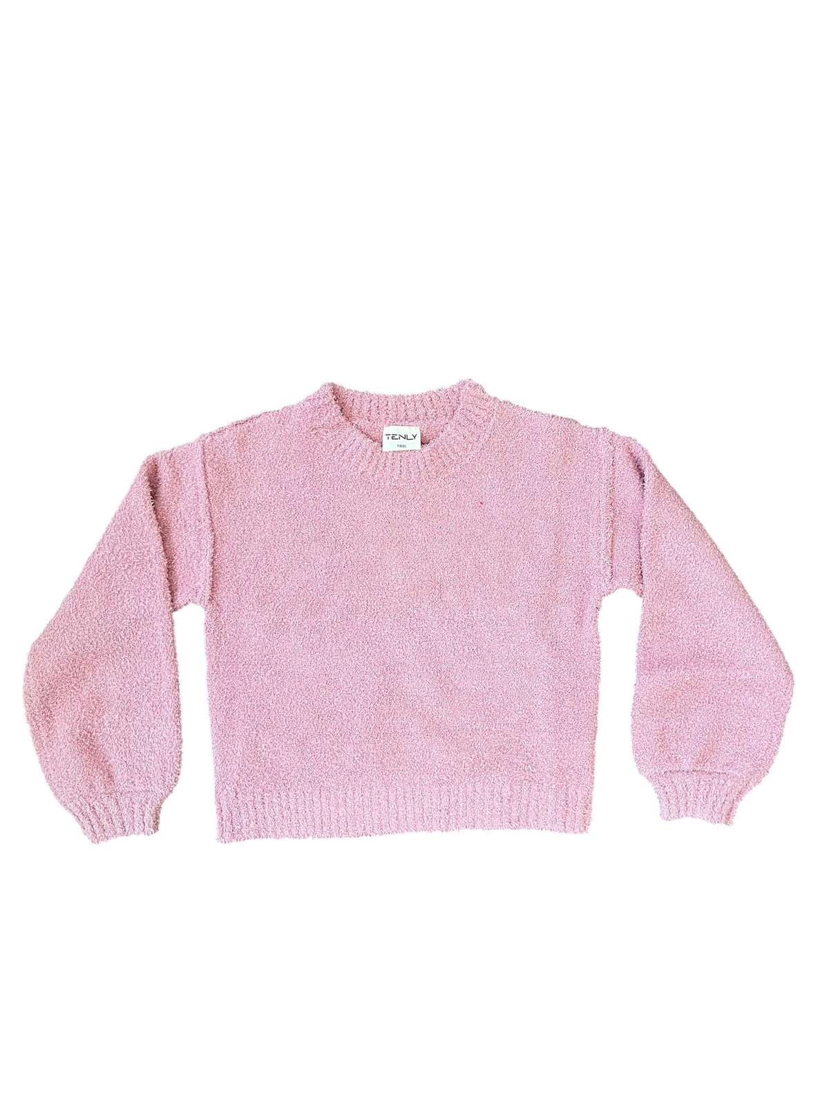 A light pink knit crewneck sweater with long sleeves and ribbed cuffs and hem, laid flat against a white background.