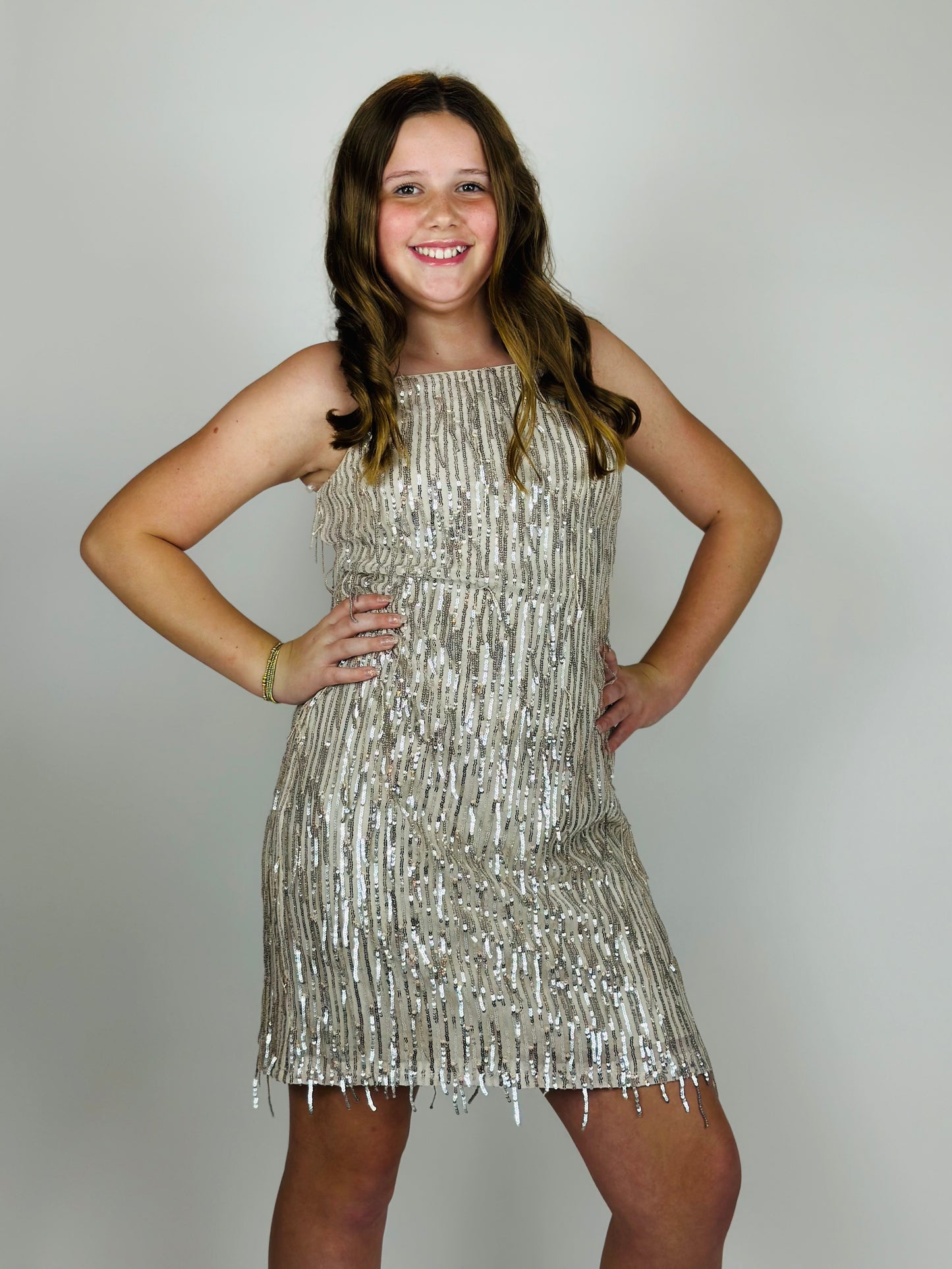 Sequin Slip Dress with All Over Fringe