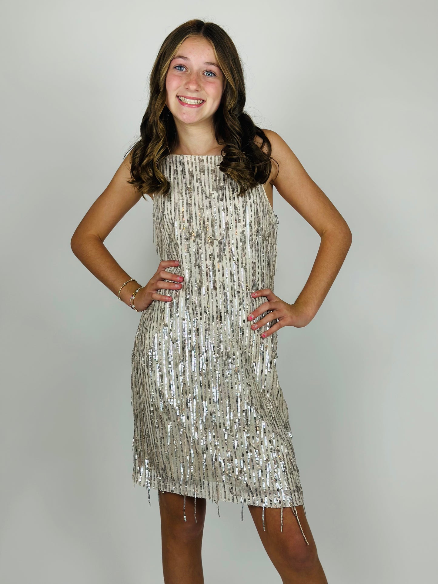 Sequin Slip Dress with All Over Fringe