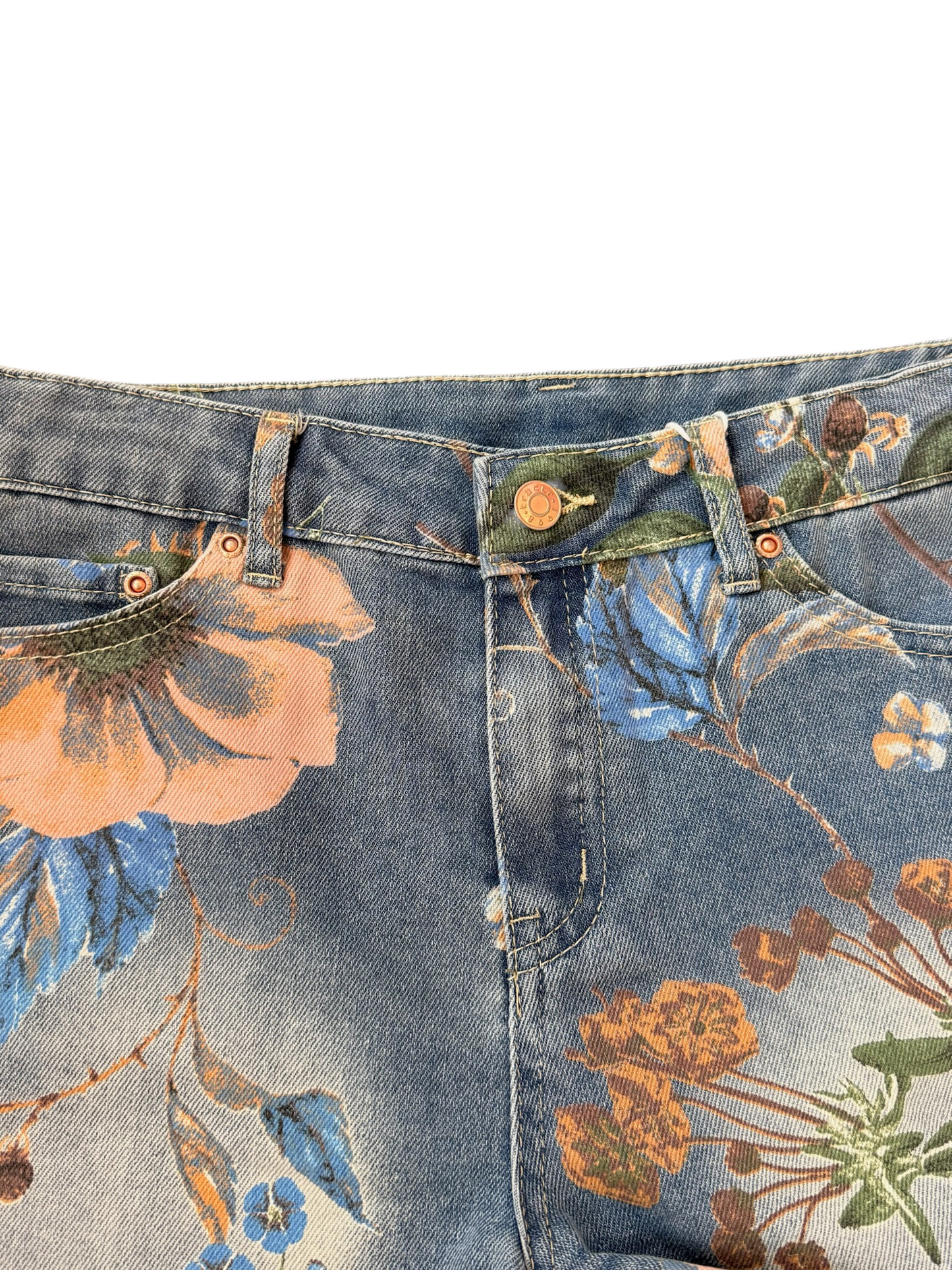 Floral Printed Denim Shorts - Indigo
