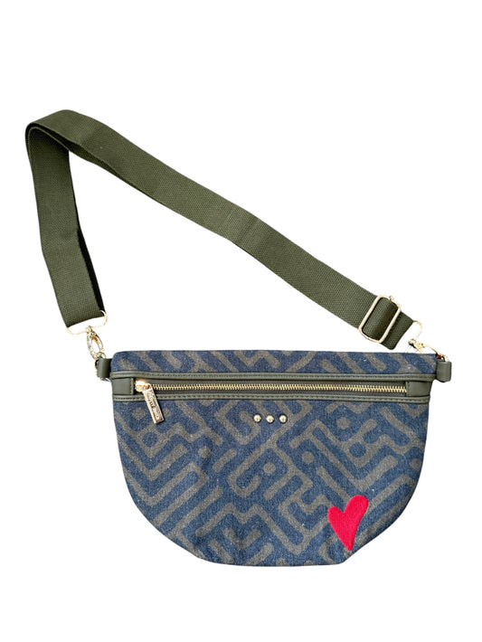A blue and gray patterned fanny pack with an olive green strap and a bright pink heart on the front, shown against a plain white background.
