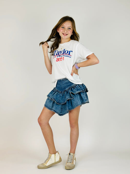 Double Ruffle V- Front Denim Skort