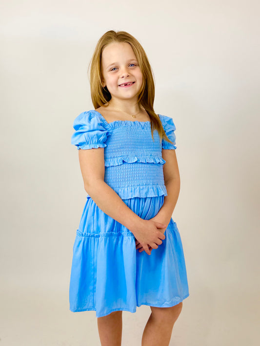 Berkley Puff Sleeve Smocked Ruffle Dress - Sky Blue