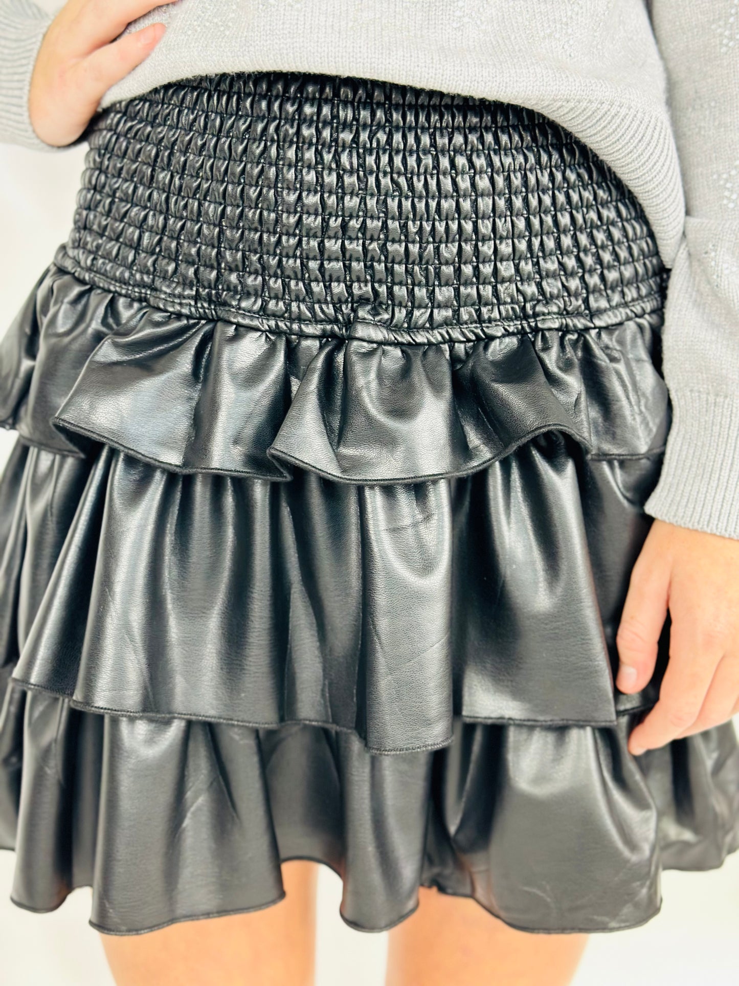 Vegan Leather Tiered Mini Skirt - Black