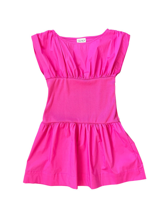 Bright pink sleeveless babydoll dress with a gathered waist and ruffled neckline, shown flat against a white background.